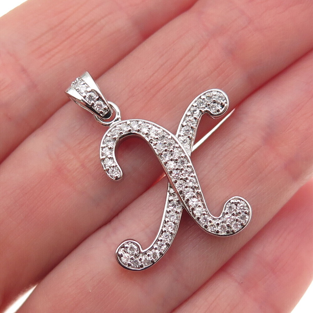 925 Sterling Silver Round-Cut C Z Letter X Initial Charm Pendant